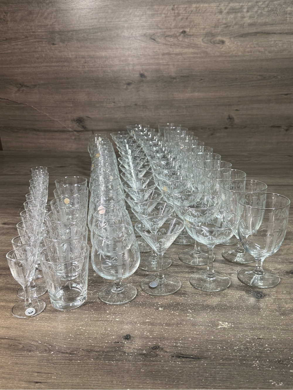 Vintage Noritake Sasaki Bamboo Etched Glassware 63 Pc Barware Stemware Set